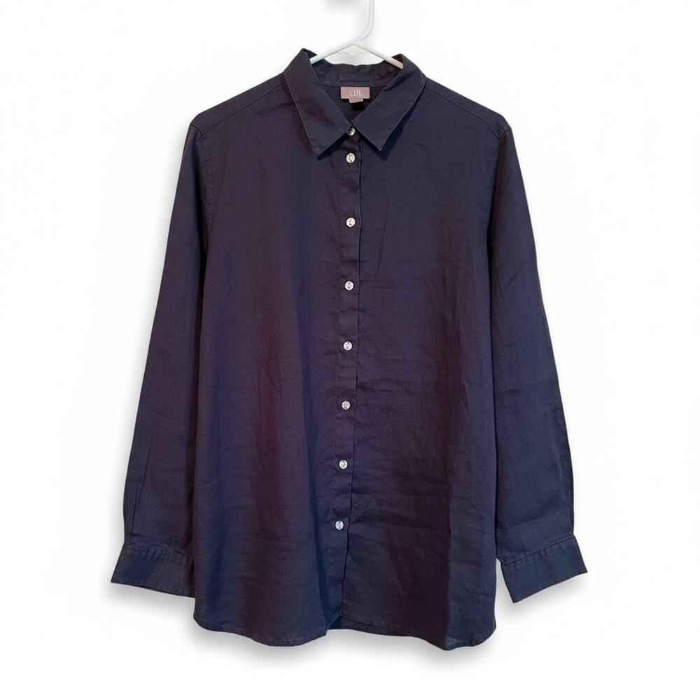 J. Jill 100% Linen Button Down Shirt Women’s Medium – Dark Navy Long Sleeve EUC